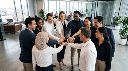 Diverse business team standing in a circle with hands joined, showing teamwork, unity, trust, leadership and workplace collaboration in a modern corporate environment, clean composition, natural