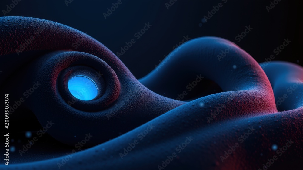 Fototapeta premium Abstract fluid forms, glowing center. Dark blue, red hues create dramatic texture. Smooth curves suggest organic shapes, depth.