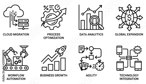 Business process optimization and technology integration icons