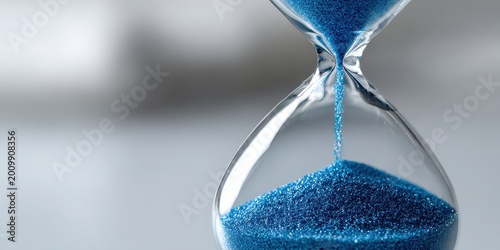 population growth crisis, a sleek, minimalist hourglass with vibrant blue sand cascading through its narrow neck laser-sharp focus on the grains accumulating in the forefront, set against a clean