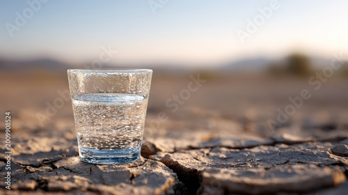 resource scarcity, a high-quality close-up of a glass of water set against a cracked desert background, emphasizing the scarcity of essential resources