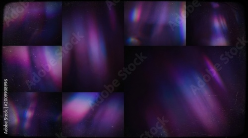Abstract dark purple light leak overlays with cinematic analog film mood, moody retro texture for banners, title cards and digital visuals, soft lens flare, chromatic glare, deep contrast, atmospheric