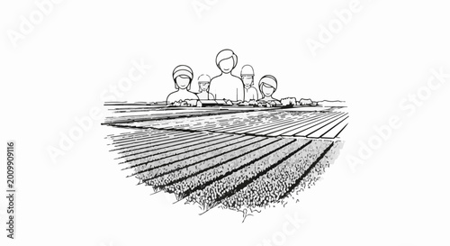 Stylized drawing of five people standing behind a cultivated field