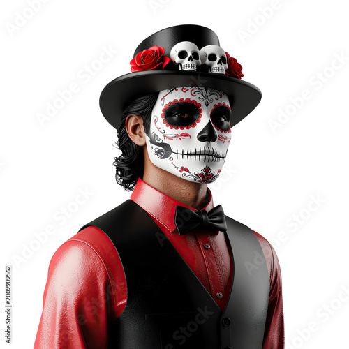 Man with Sugar Skull Face Paint and Top Hat with Skulls and Roses