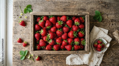 Ripe red strawberries piled in wooden box on vintage wooden surface. Fresh seasonal berries with seeds and green tops, farm to table produce theme. Flat lay, fresh produce still life with clean
