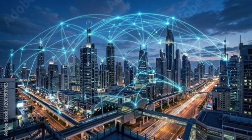 Wireless network and connection city, futuristic urban technology concept with glowing communication lines over skyline, smart city innovation mood, sleek digital atmosphere, realistic architecture,
