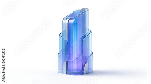glassmorphism smart city tower node in blue violet, sleek glassmorphism object for app UI, fintech, security, cloud tools and digital branding, isolated on white background, glossy form, minimal