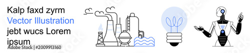 AI technology, automation, industry development, renewable energy, green technology, sustainability. Industrial plant, light bulb with leaves robot. Automation and green technology concepts