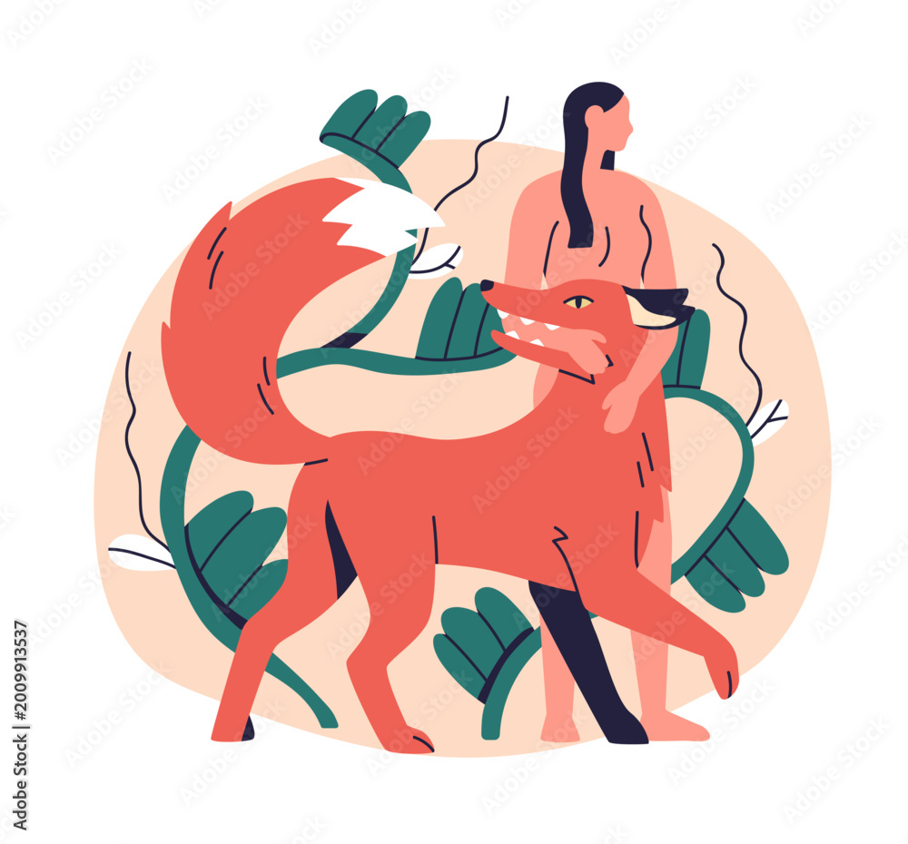 Obraz premium Woman and wild fox. Human and animal in nature. Female taming untamed predator, beast. Inner instinct, shadow, primal spirit, psychology concept. Flat vector illustration isolated on white background