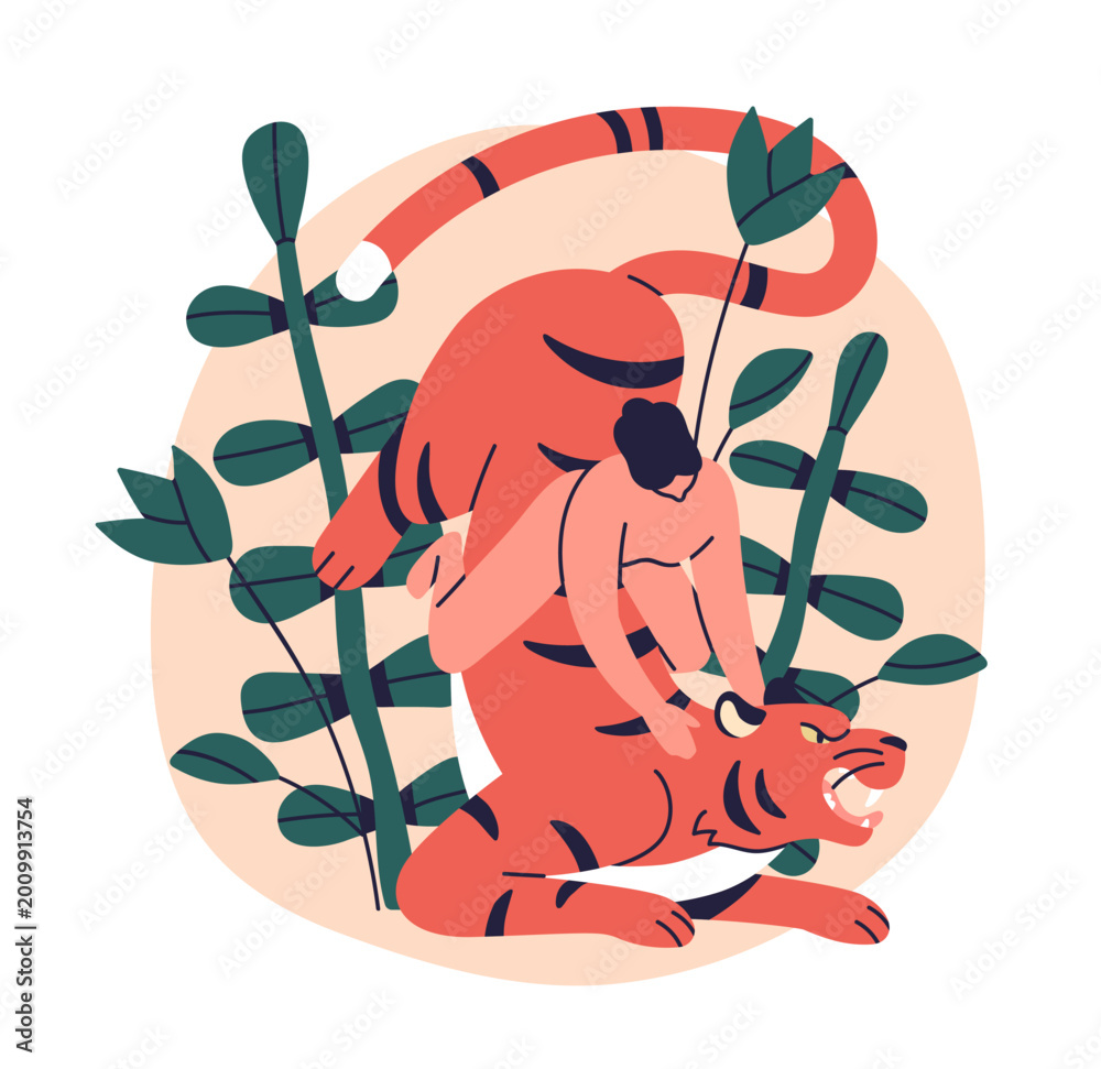 Fototapeta premium Woman riding tiger. Dominance, courage and control over wild nature. Female rider on jungle animal, predator. Girl mowgli and beast. Flat graphic vector illustration isolated on white background