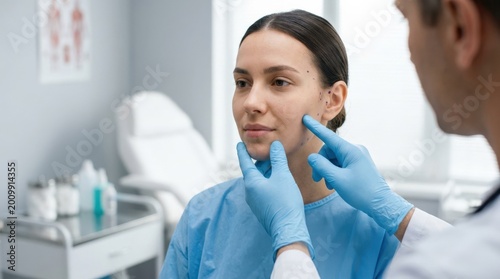 Plastic surgery concept with gloved surgeon hands touching a girl's face, cosmetic procedure consultation and aesthetic medicine theme for clinic branding, beauty editorials and healthcare