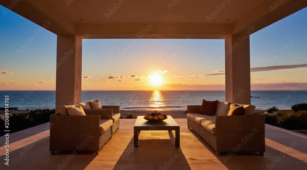 Fototapeta premium Outdoor patio furniture faces ocean at sunset. Seating area overlooks calm sea and sky. Warm light illuminates this luxurious coastal home exterior.