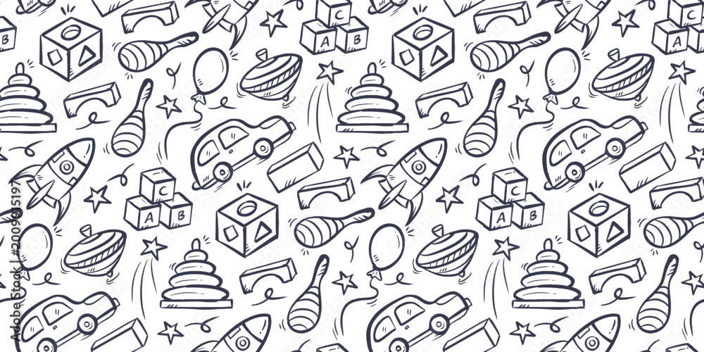 Fototapeta premium Children toys doodle background. Kid toys pattern background. Cute education games seamless pattern. Childhood playtime hand drawn pattern with car, ballon, block, rocket, puzzle, spinning top.