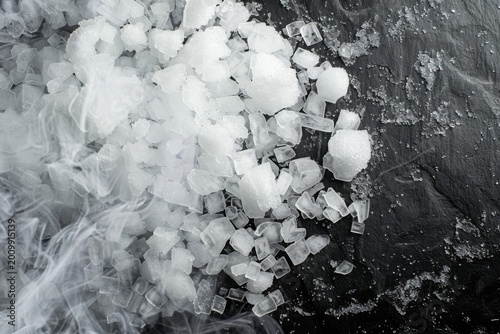Dry ice crystals on natural black stone background, generative ai illustration