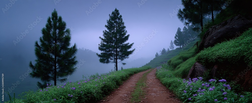 Fototapeta premium Menyusuri kabut yang tebal penuh harapan menuju ekspedisi puncak bukit hijau.