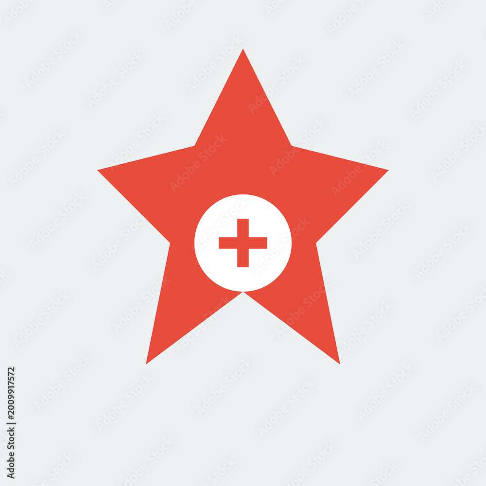Obraz premium Red five-pointed star icon featuring a white circle and red plus sign symbol flat illustration