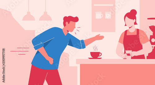 Tableau sur toile Angry customer complaining to barista at coffee shop counter