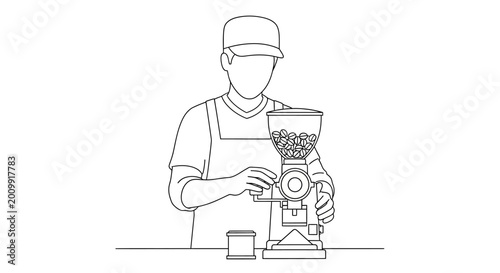 Barista Grinding Coffee Beans with Manual Grinder, Line Art
