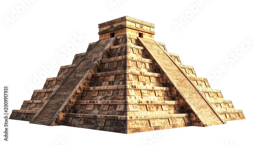 A detailed rendering showcases the majestic pyramid of Chichen Itza against a stark black background.