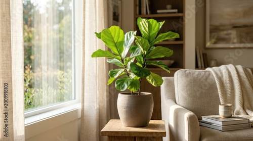 Plant in sunlight with fresh leaves and a calm natural indoor atmosphere home plant decor, commercial lifestyle concept with modern editorial appeal, ideal for advertising, branding and social