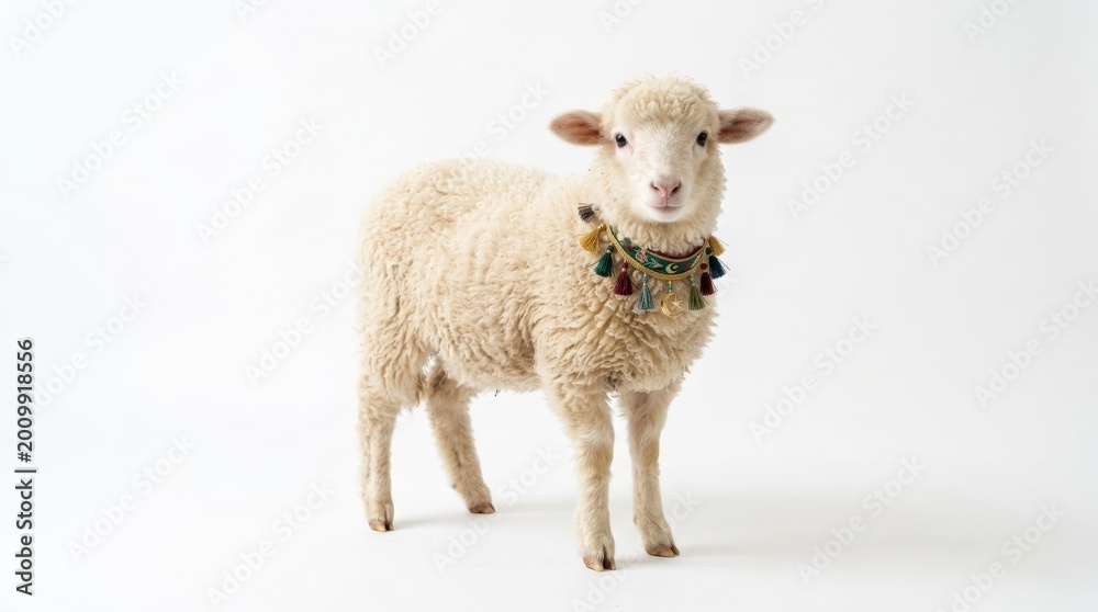 Fototapeta premium Cute Eid sheep on a white background, festive holiday symbol for celebration branding, family greeting visuals and seasonal product campaigns with soft charming presence and clean minimal styling