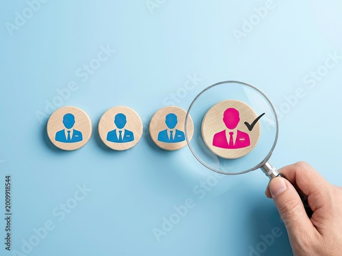 Magnifying glass examining selected pink silhouette, career choice illustration, leadership, selection Concept.