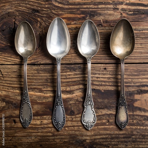 Four antique silver spoons on wood.