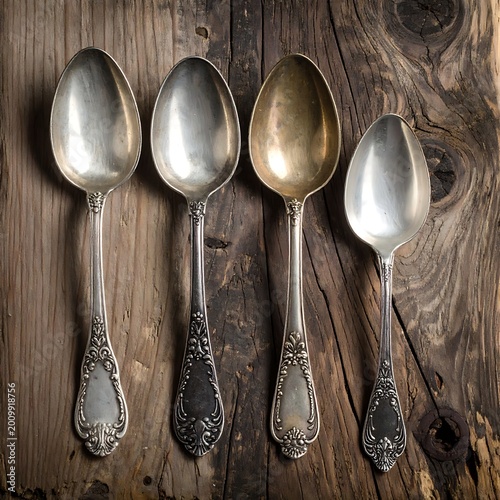 Four antique silver spoons on wood.