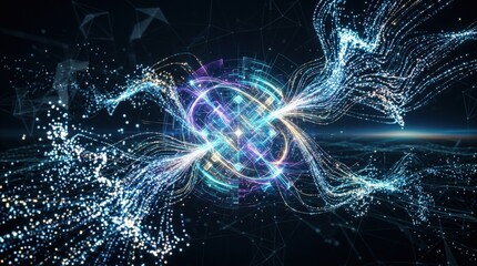 AI data visualization with glowing light particles representing complex enterprise information, quantum computing and digital transformation for business intelligence, dark premium technology