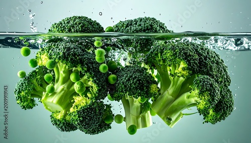 Fresh broccoli florets underwater scene.