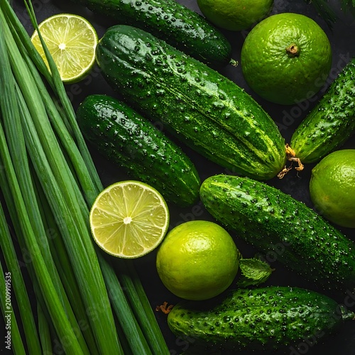 Fresh cucumbers limes and green onions.