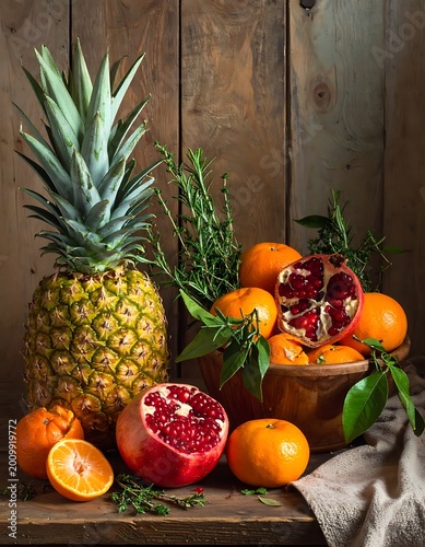 Fresh fruit on wooden table setting.