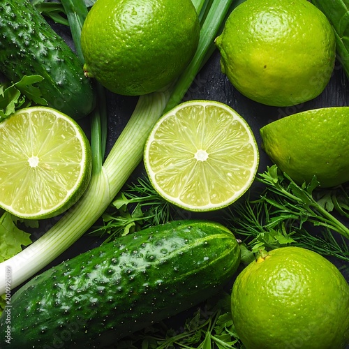 Fresh green limes and cucumbers with herbs.