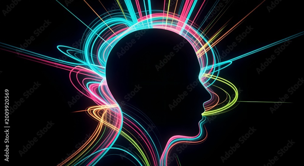 Obraz premium Neon Human Head Silhouette with Colorful Brain Energy Lines
