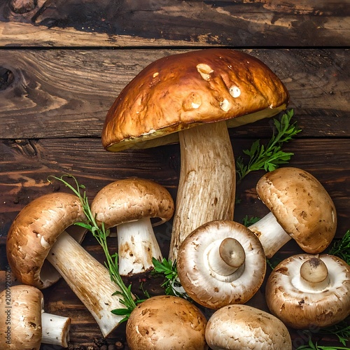 Fresh mushrooms on wooden background.