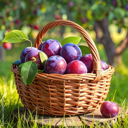 Fresh plums in a wicker basket.