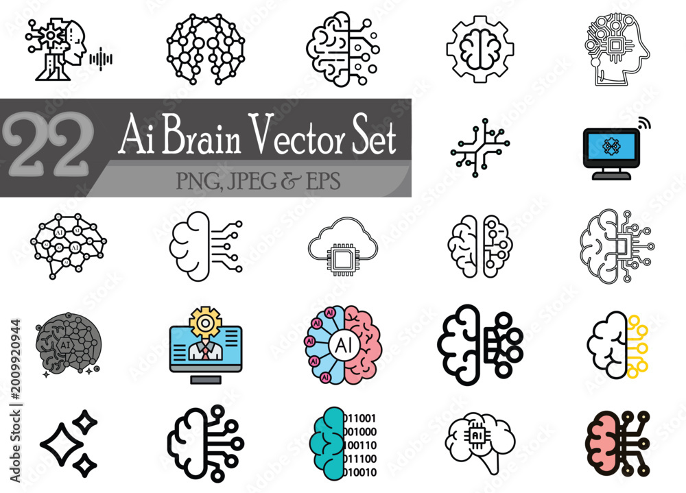 Fototapeta premium AI Brain Technology Vector Icon Set with Neural Network and Machine Learning Concepts