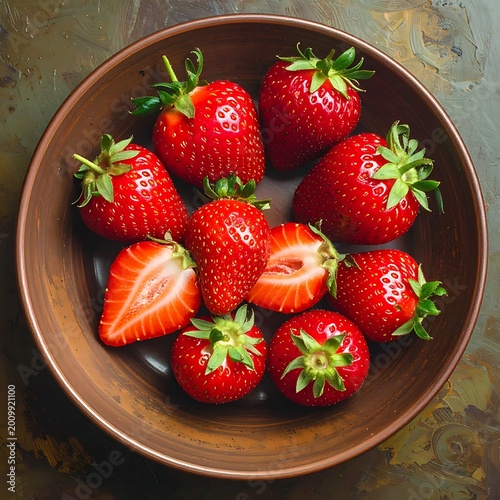 Fresh strawberries in a brown bowl.
