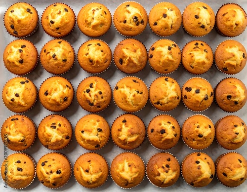 Freshly baked chocolate chip muffins arranged.