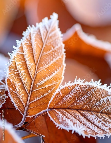 Frozen orange leaves with ice crystals.