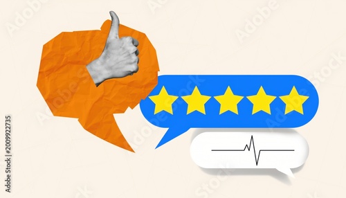Collage of a thumbs up gesture, five stars rating and a heartbeat line