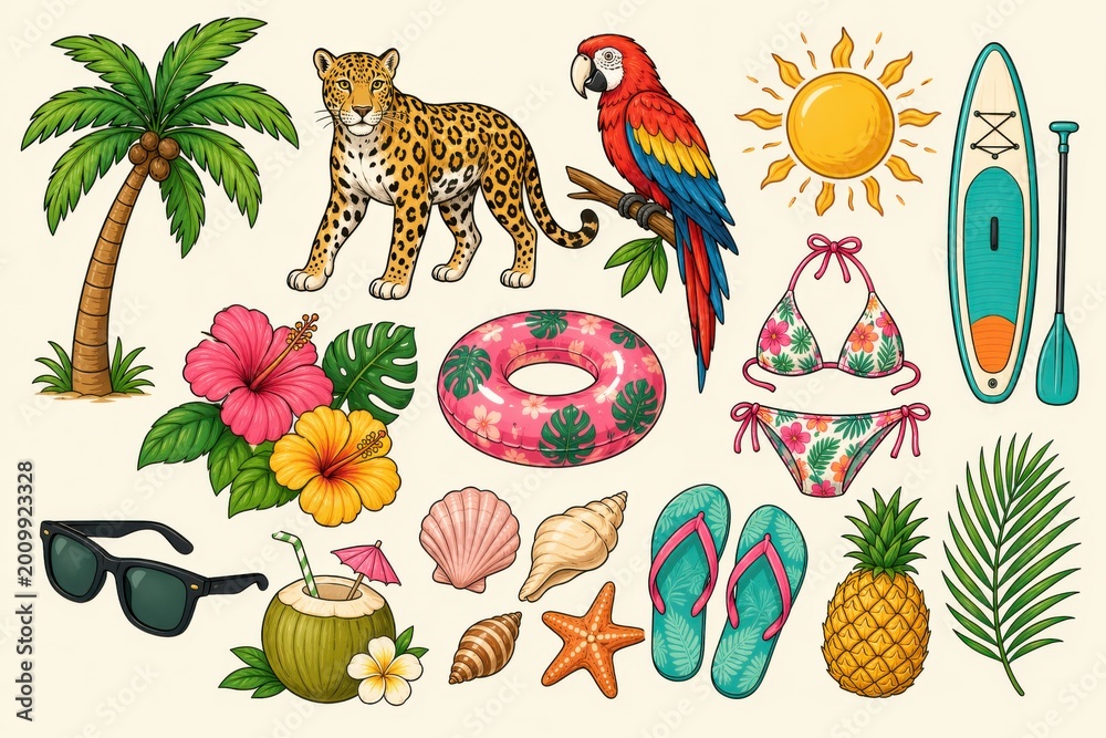 Fototapeta premium Vibrant tropical summer doodle collection with coconut tree leopard parrot and holiday icons.