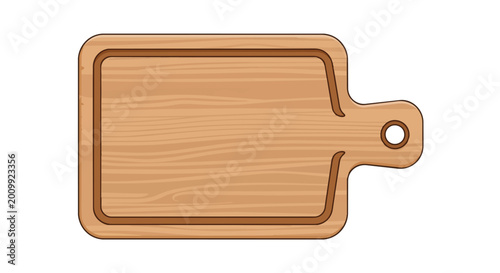 Wooden Cutting Board Illustration Isolated on White Background with Handle and Natural Wood Grain Texture