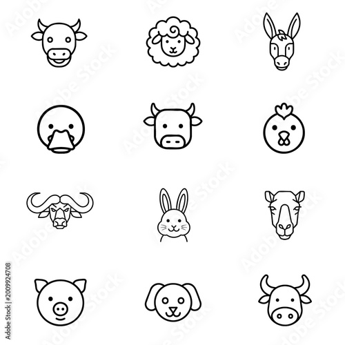 Farm Animal Face Line Icons Set, Minimal Outline Vector Collection