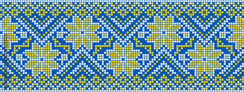 Ukrainian Seamless Embroidery Border Pattern Yellow White Folk Ornament Decorative Vyshyvanka Ethnic Cross Stitch Textile Background Blue