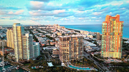 Photos Vibrant Miami cityscape aerial view, modern coastal architecture, luxury high-rise buildings, oceanfront skyline, urban development, travel destination, real estate, and tourism