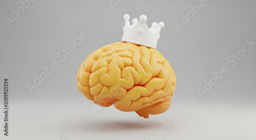 Human brain wearing crown symbolizing intelligence knowledge leadership and winning mindset