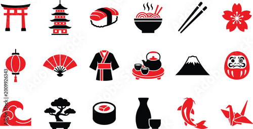 Fotografie A collection of red and black minimalist icons representing various cultural sym