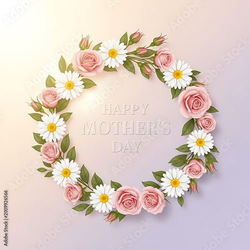 Happy mothers day floral wreath with pink roses and white daisies on pastel background