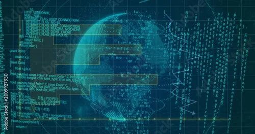 Fototapeta Rotating central dotted globe mesh displaying code, streams, UI panels on dashboard